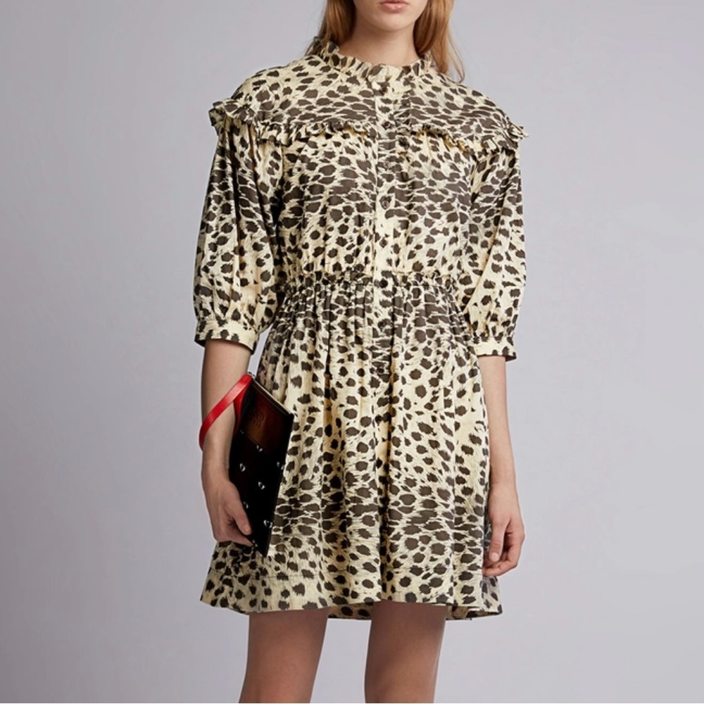 Sea New York Leopard Print‎ Puff 3/4 Sleeve Tiered Mini Dress Size 4